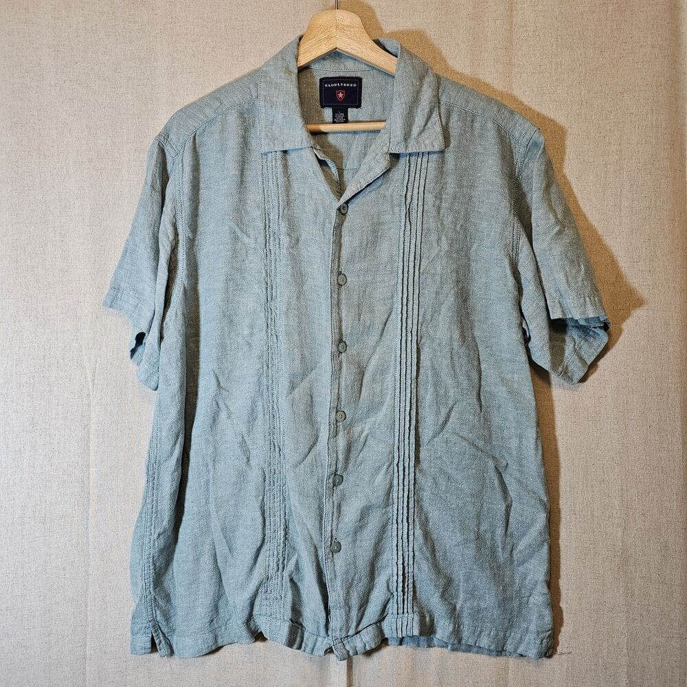 Saddlebred Green Linen Blend Shirt Pintuck Detail Bowling Shirt Large